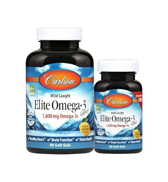 Carlson Labs Elite Omega-3 Gems, 1600mg Natural Lemon 90 + 30 Softgels