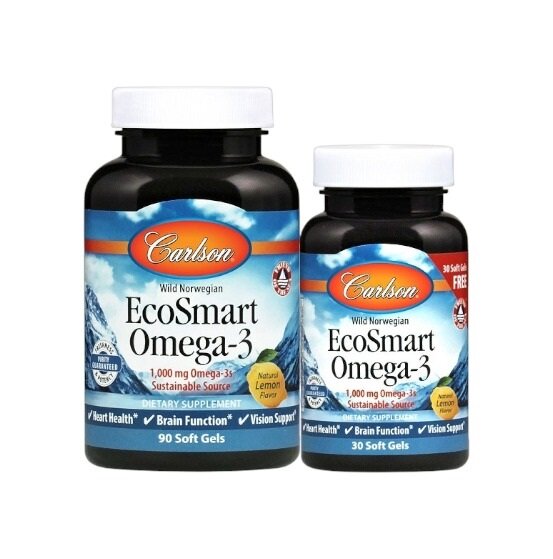 Carlson Labs Smart Omega-3, 1000mg Natural Lemon 90 + 30 Softgels